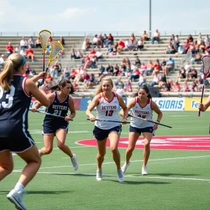 Grand Valley women's lacrosse team celebrating a goal