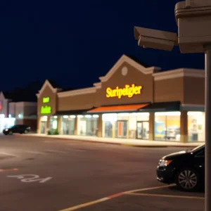 Strip mall at night showing security measures