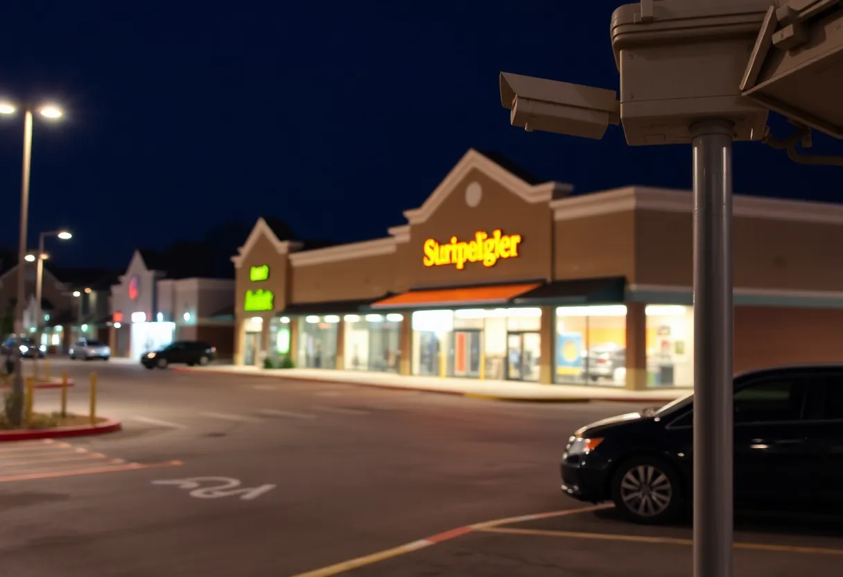Strip mall at night showing security measures