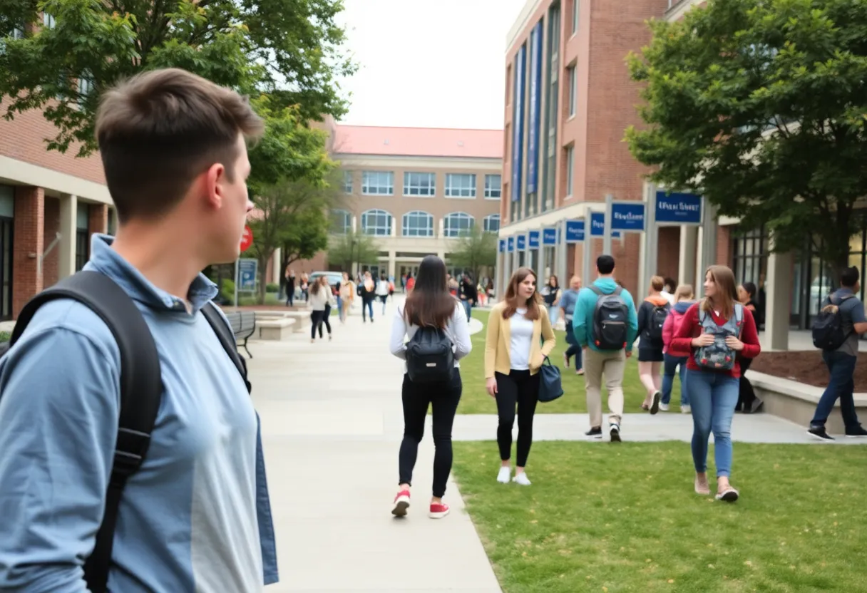 Students at Grand Valley State University campus discussing safety issues.