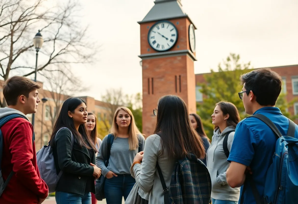 Students discussing safety concerns on GVSU campus near clock tower