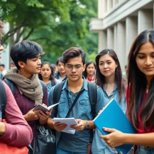A diverse group of students on Grand Valley State University campus experiencing challenges with visa status.