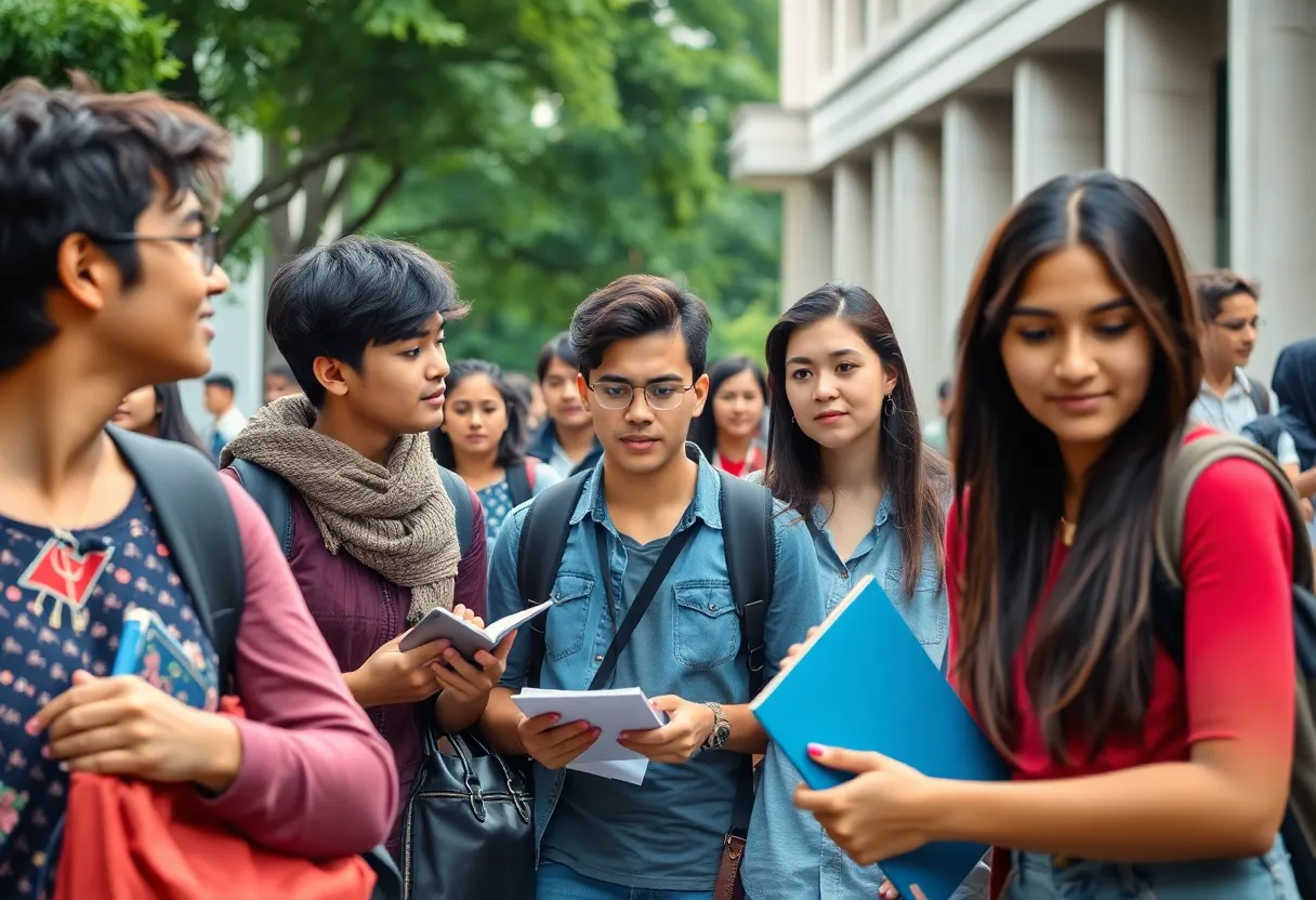 A diverse group of students on Grand Valley State University campus experiencing challenges with visa status.