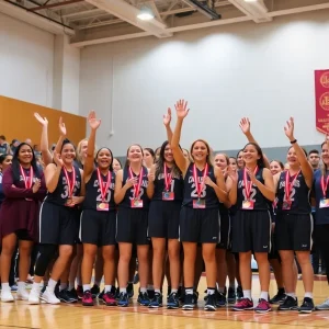 Grand Valley State University women's basketball team celebrating their NCAA championship victory