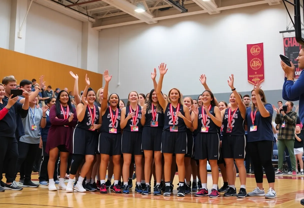 Grand Valley State University women's basketball team celebrating their NCAA championship victory