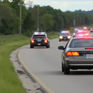 High-speed chase with police vehicles on a gravel road