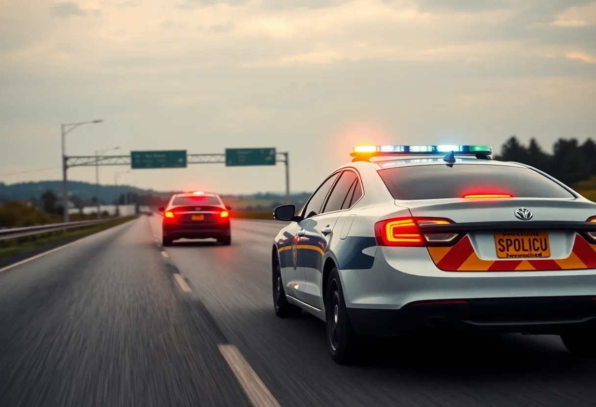 Police cars chasing a speeding vehicle on a highway