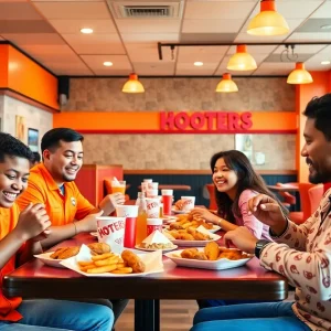 Interior of a Hooters restaurant with diners enjoying their meals