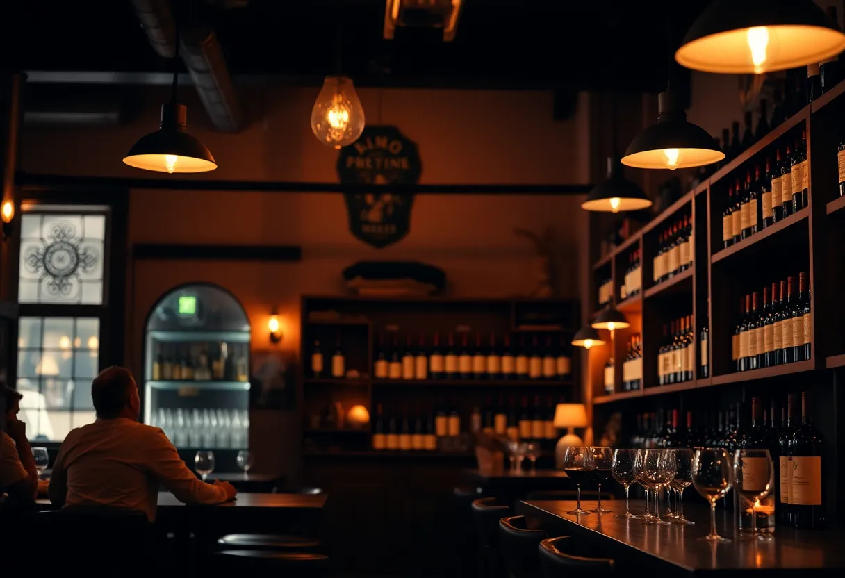 Cozy interior of House of Wine with wine bottles and warm lighting.