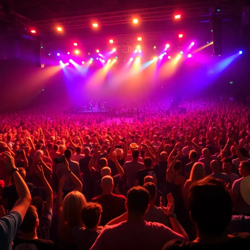 Crowd enjoying Jon Pardi concert with vibrant lights