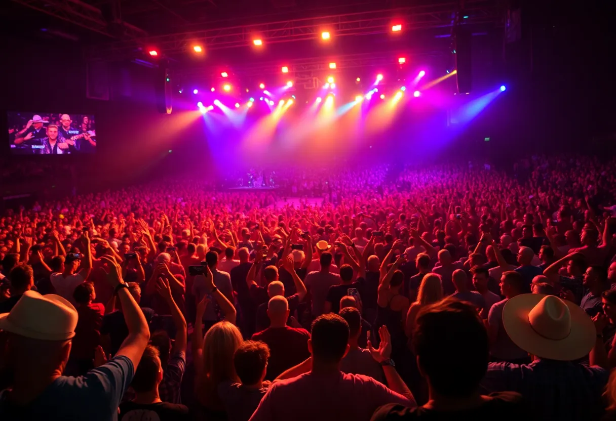 Crowd enjoying Jon Pardi concert with vibrant lights