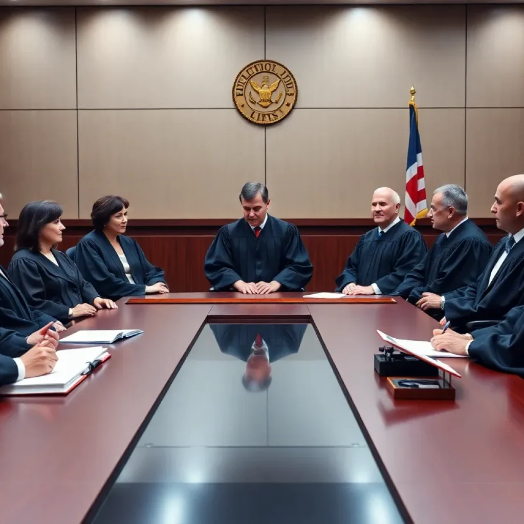 Diverse judges in a modern courtroom discussing justice
