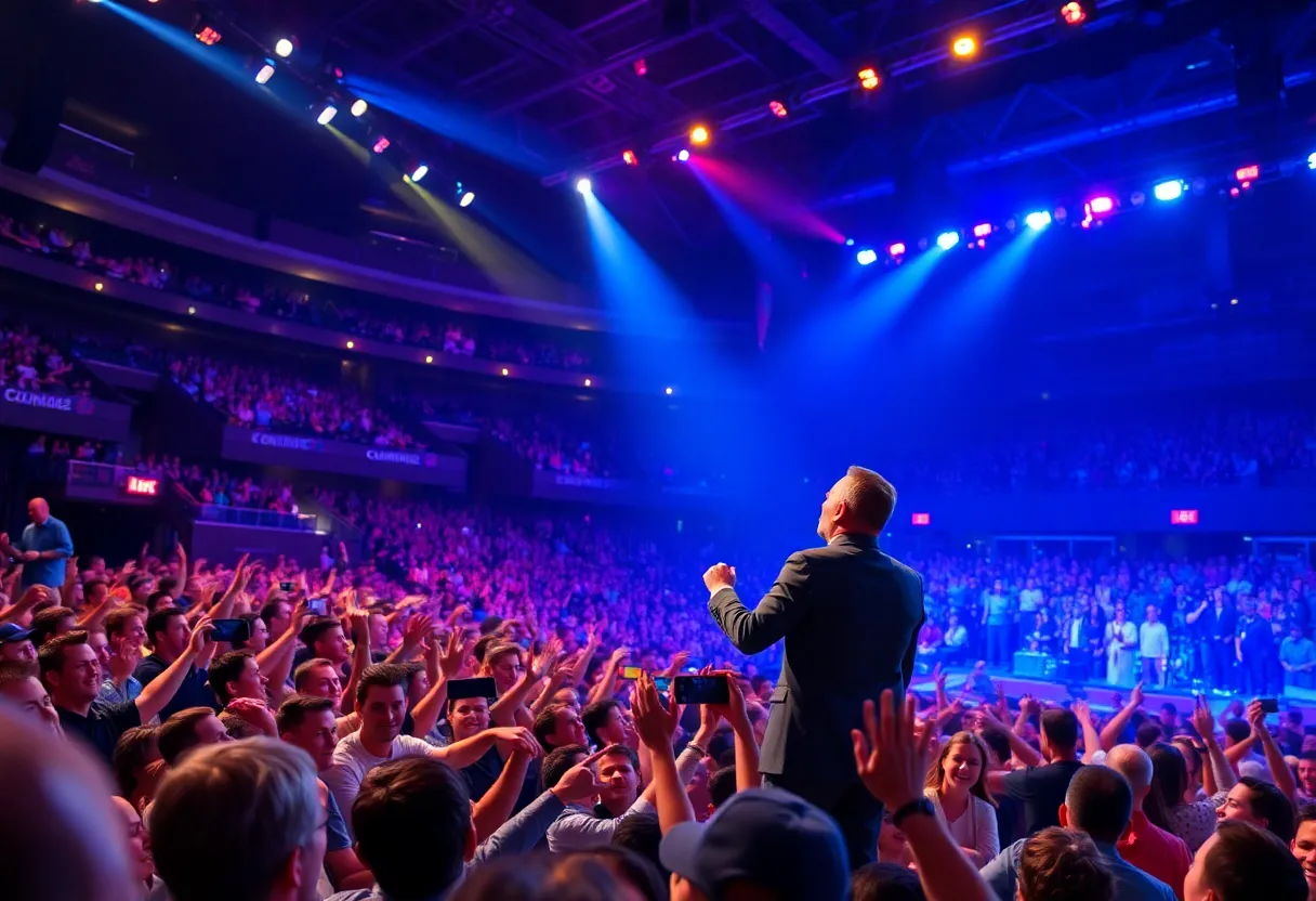 A comedian performing in front of an excited audience at a large arena.