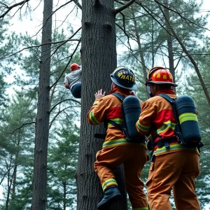 Firefighters rescuing individual from a high tree