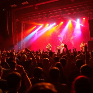 A lively concert crowd at a Linkin Park performance.