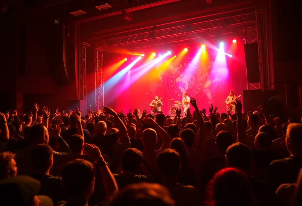 A lively concert crowd at a Linkin Park performance.