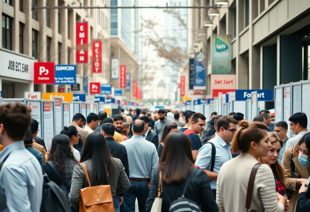 Job seekers networking at a job fair in March 2025