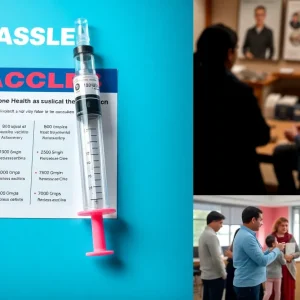 Community members discussing measles vaccination in a health awareness campaign.