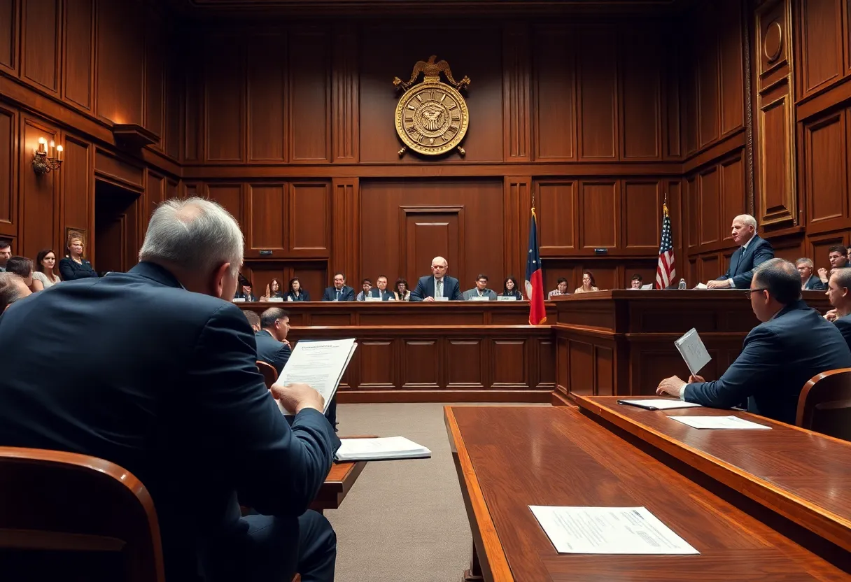 A courtroom with legal proceedings related to the Meta antitrust trial