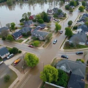 Aerial view of flooding in a Michigan neighborhood