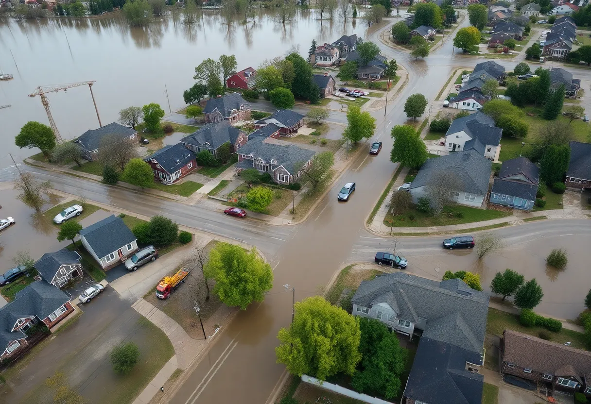 Aerial view of flooding in a Michigan neighborhood