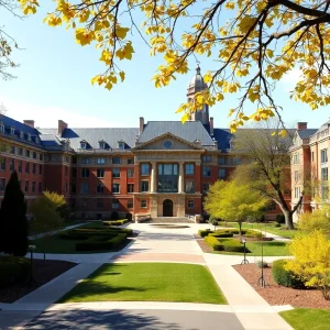 Campus view of Michigan Law School during spring