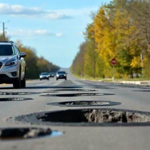 Cars navigating a pothole-filled road in Michigan