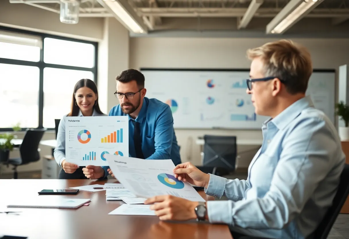 Employees in an office discussing performance management