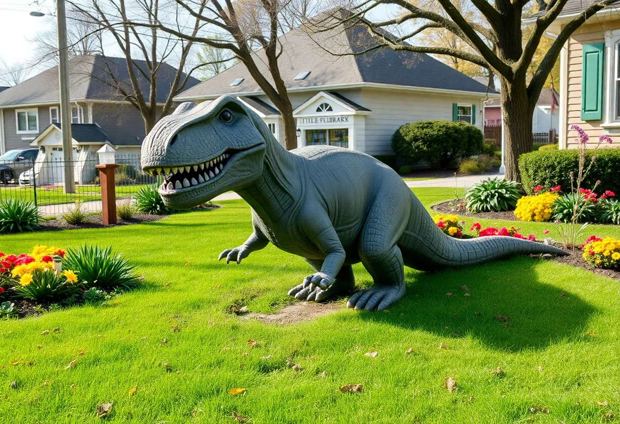 A vibrant neighborhood scene depicting a missing concrete T-Rex statue.