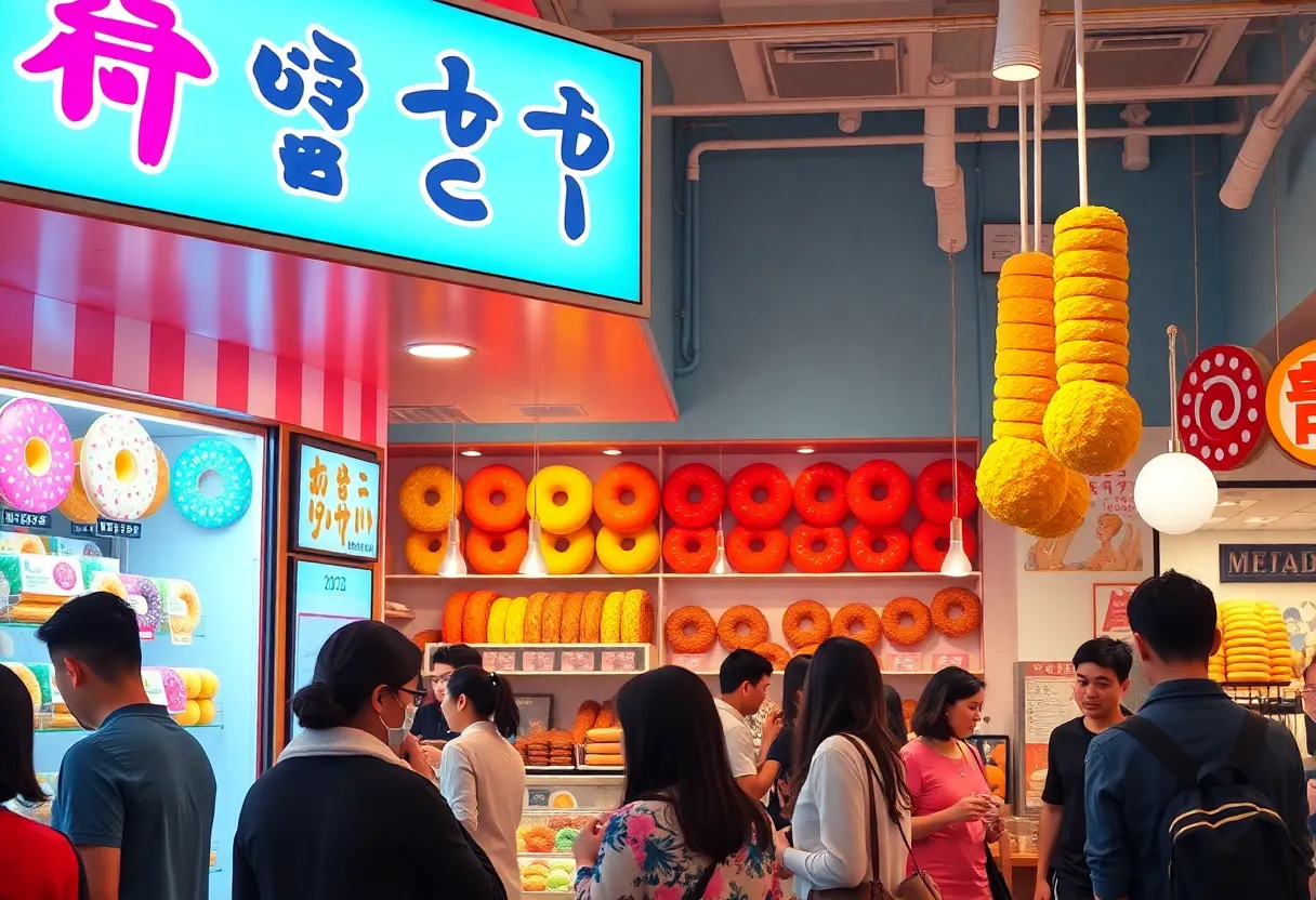 Interior of Mochinut shop with customers enjoying Japanese doughnuts
