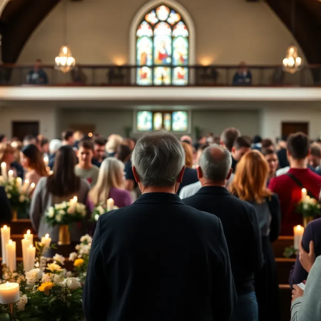 Community members gathered in a church setting honoring Pope Francis with candles and flowers.