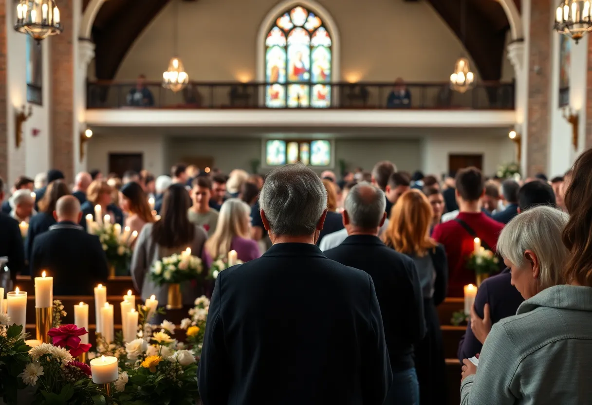 Community members gathered in a church setting honoring Pope Francis with candles and flowers.
