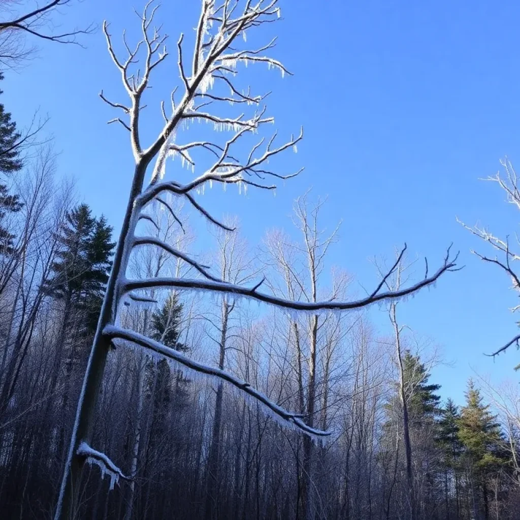 Northern Michigan forest showing damage after ice storm.