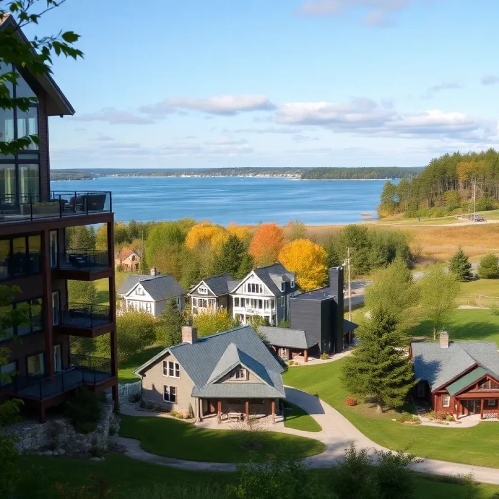 A montage of real estate options in Northern Michigan including condos, historic homes, and rural properties.