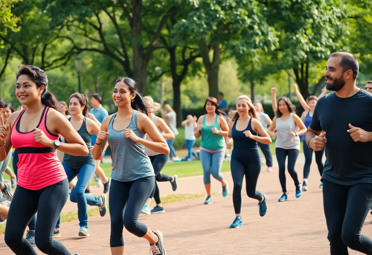 People participating in outdoor fitness classes in a park.