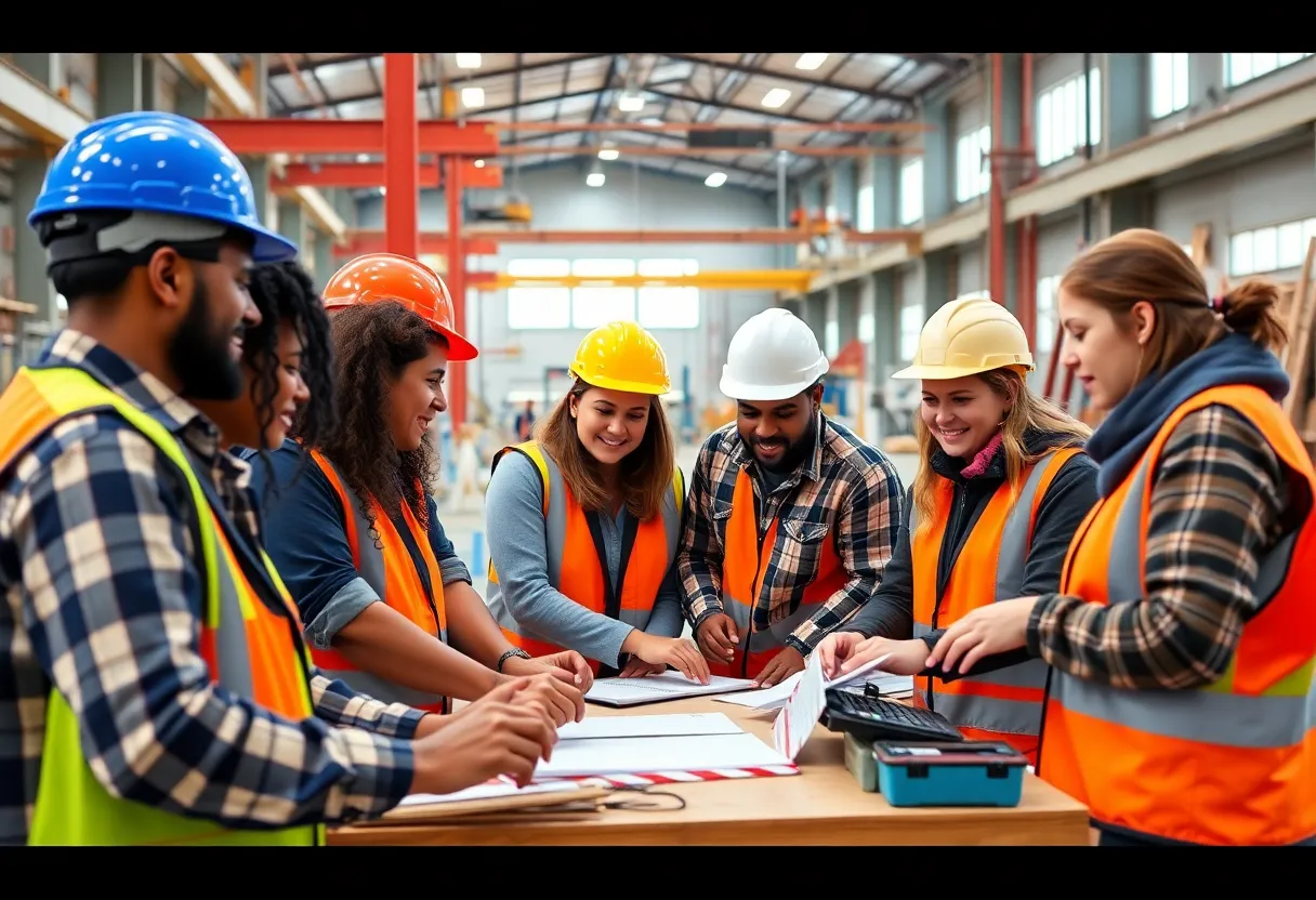 Employees collaborating at PCL Construction in a modern office environment.