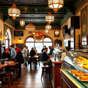 Customers enjoying coffee and pastries at Qahwah House in Grand Rapids.