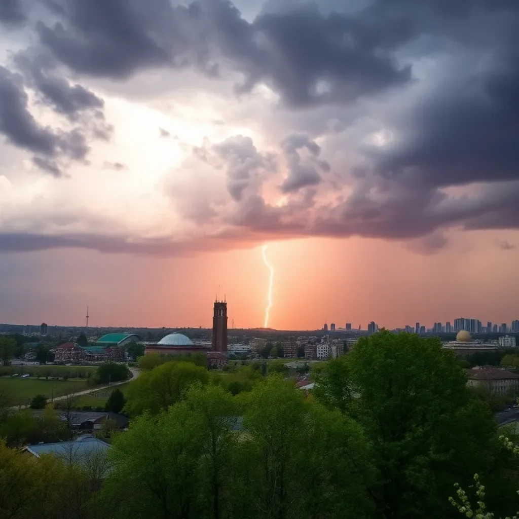 Dramatic storm clouds over West Michigan with visible lightning.
