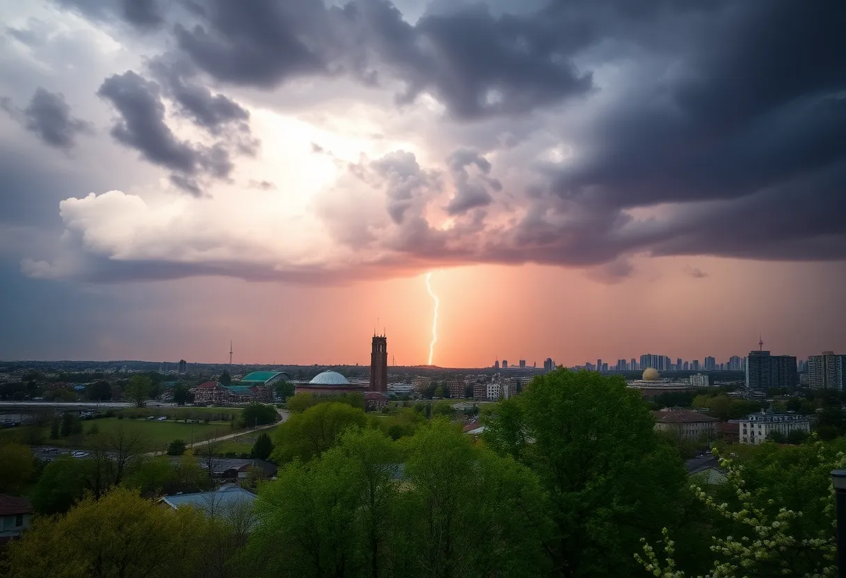 Dramatic storm clouds over West Michigan with visible lightning.