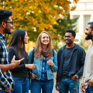 A group of diverse college students having a discussion on campus.