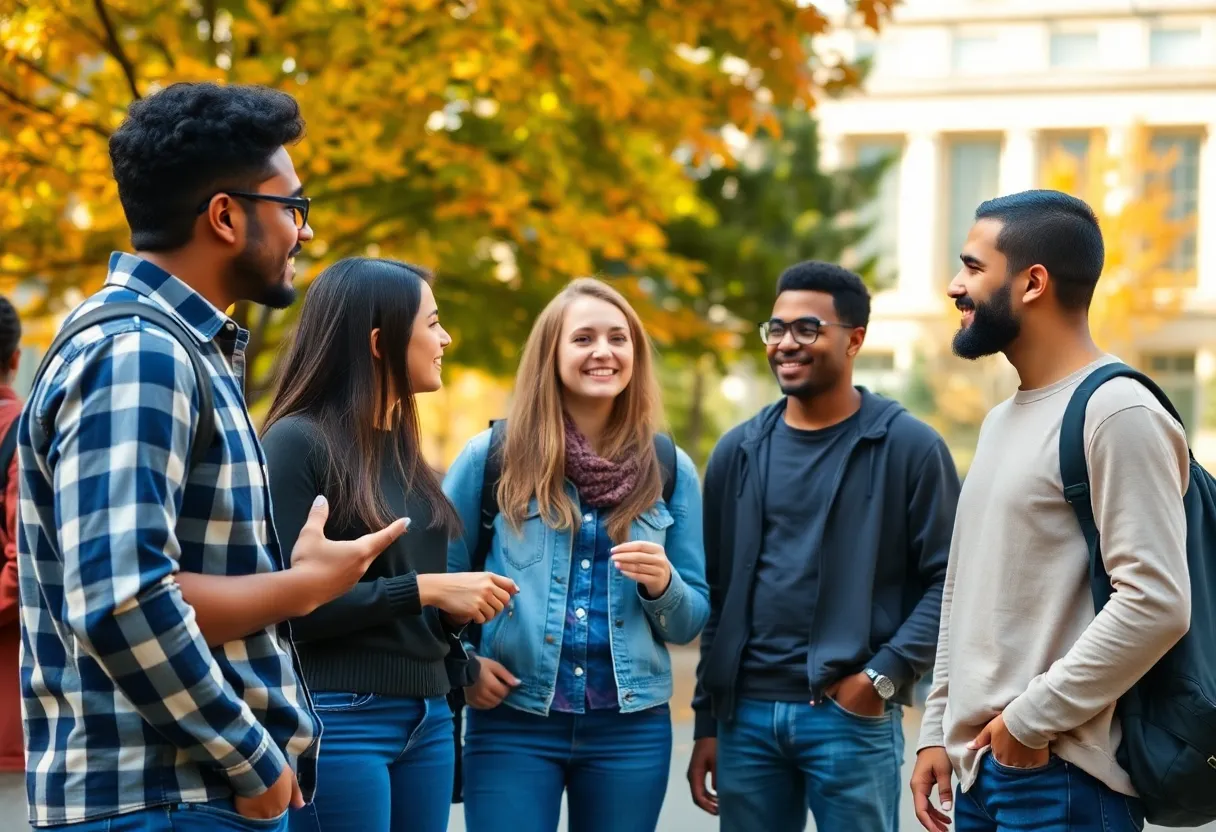 A group of diverse college students having a discussion on campus.