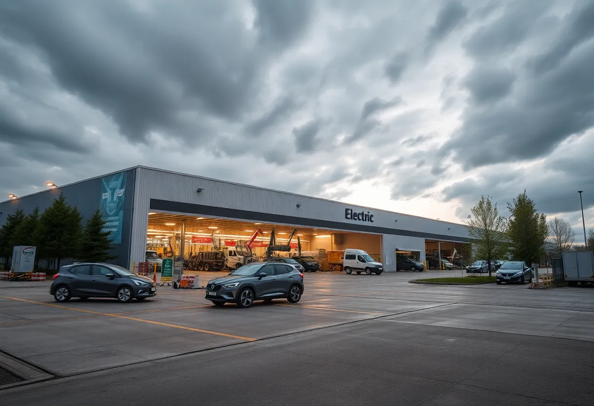 Overview of a Tesla manufacturing plant with electric vehicles being assembled