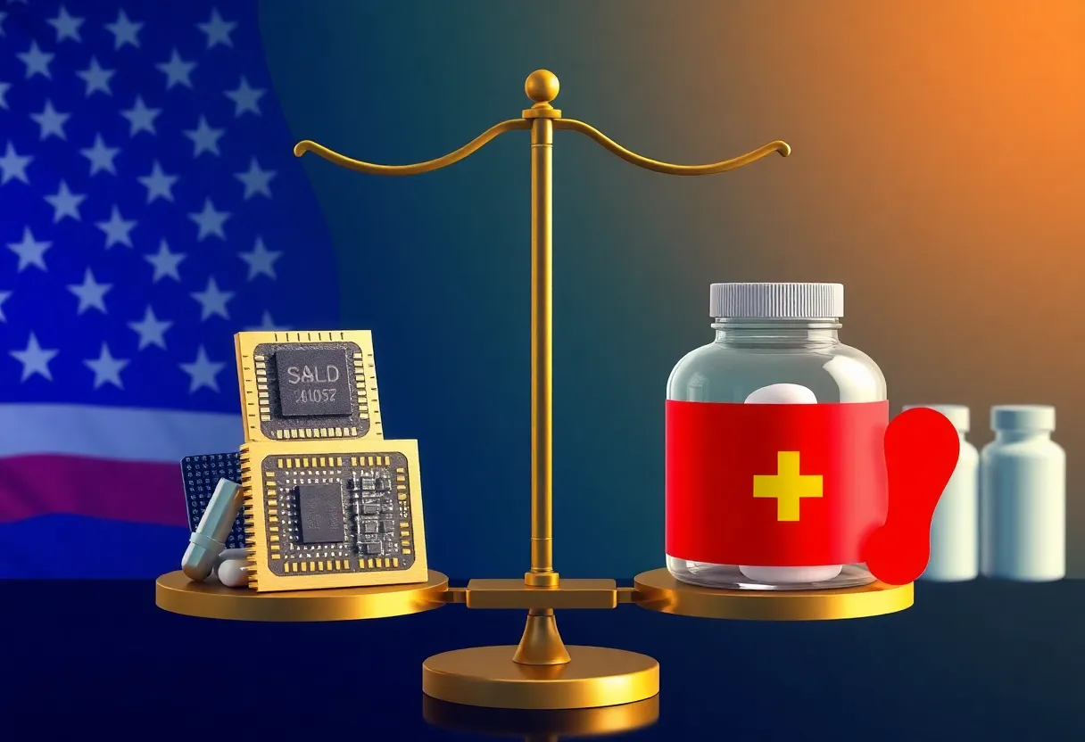Illustration of trade tariffs related to semiconductors and pharmaceuticals.