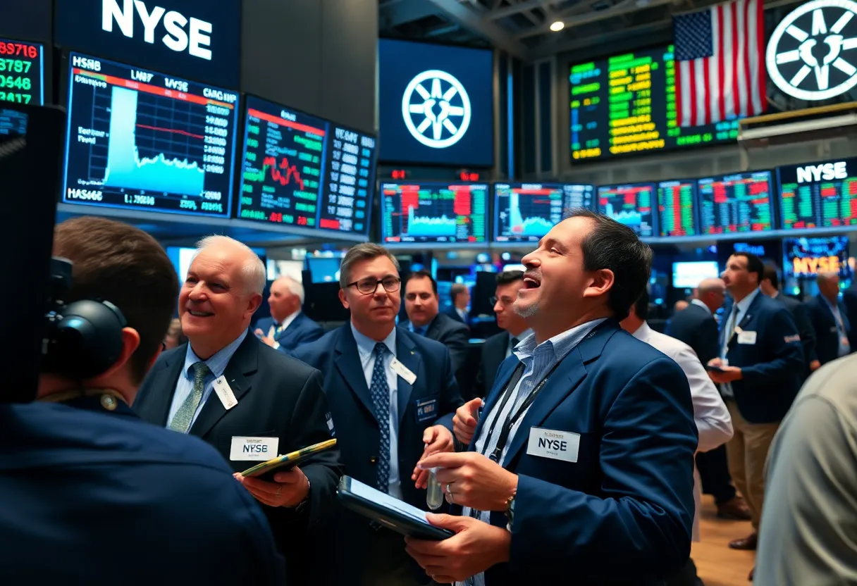 Traders on the stock exchange floor celebrating market gains
