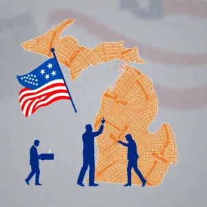 Illustration depicting the concept of voting integrity in Michigan.