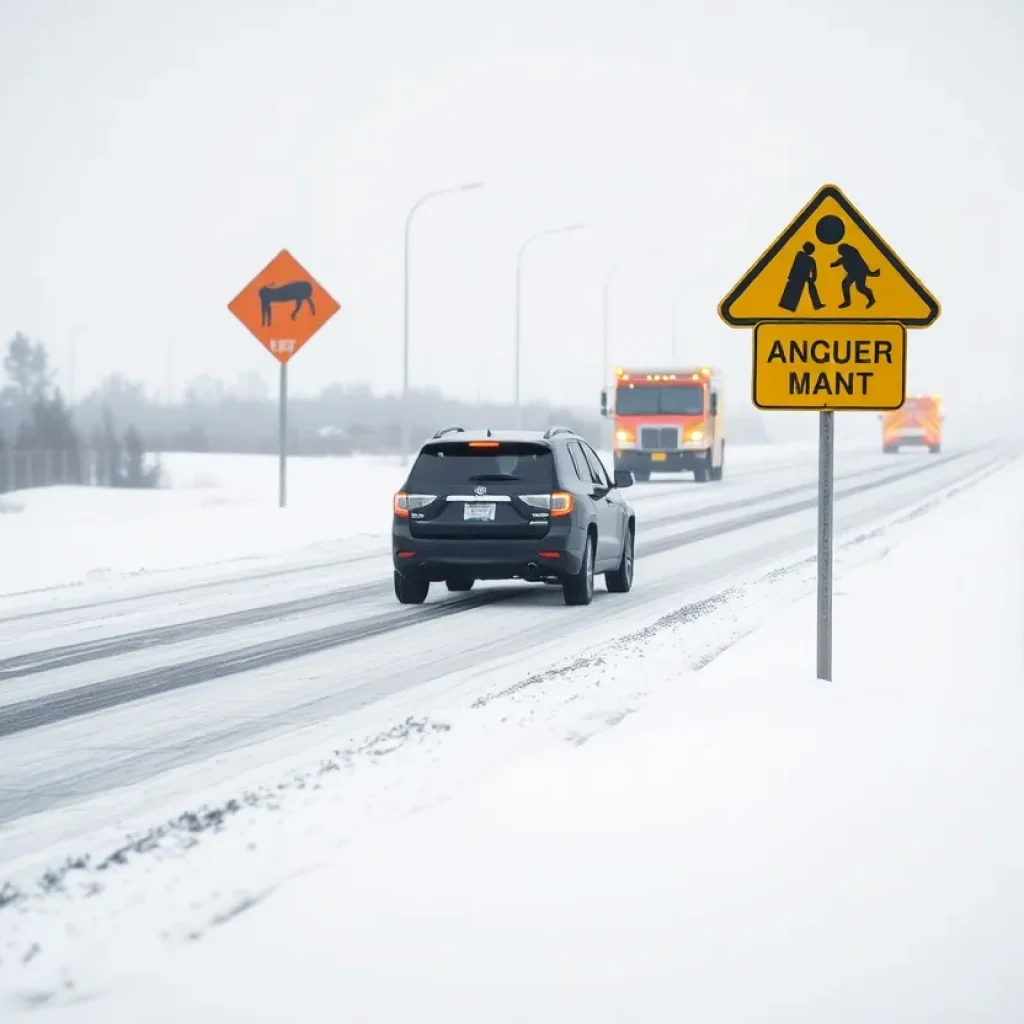 Icy highway conditions warning sign with a silhouette of an SUV