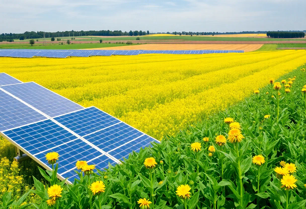 Aerial view of solar panels installed over farmland