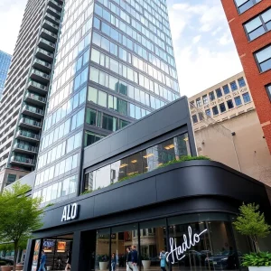Exterior view of Alo retail store at Hudson's Tower Detroit
