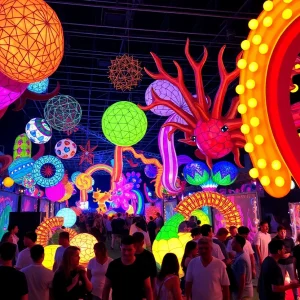 An immersive art exhibit at ArtPrize 2025 featuring colorful lights and creative installations