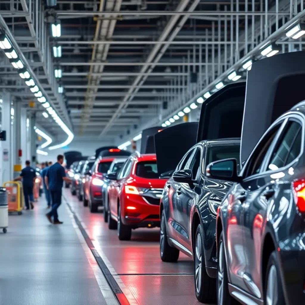 Workers in a modern automotive assembly line producing vehicles.